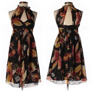 Anthropologie Anna Sui Nagia Iris Black Silk Floral Metallic Halter Dress Size 0